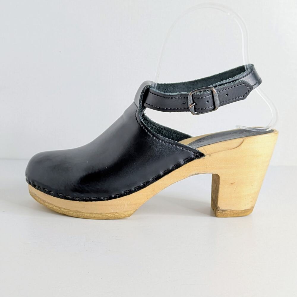Sven Black Leather Mules with Wooden Heel